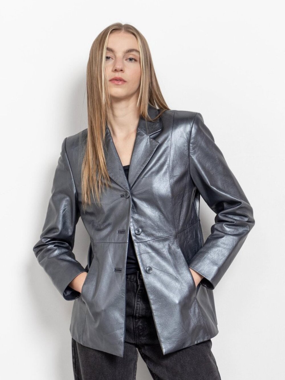 SILVER LEATHER BLAZER Vintage Jacket Coat Women Fall Spring 90's / Small Xs
